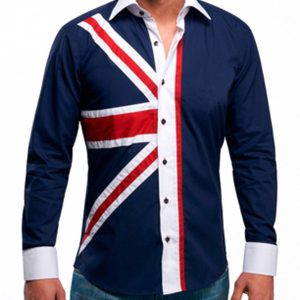 Men's Union Jack Formal Shirt Men Italian Shirt Designer Great Quality Slim Fit Navy 10036
