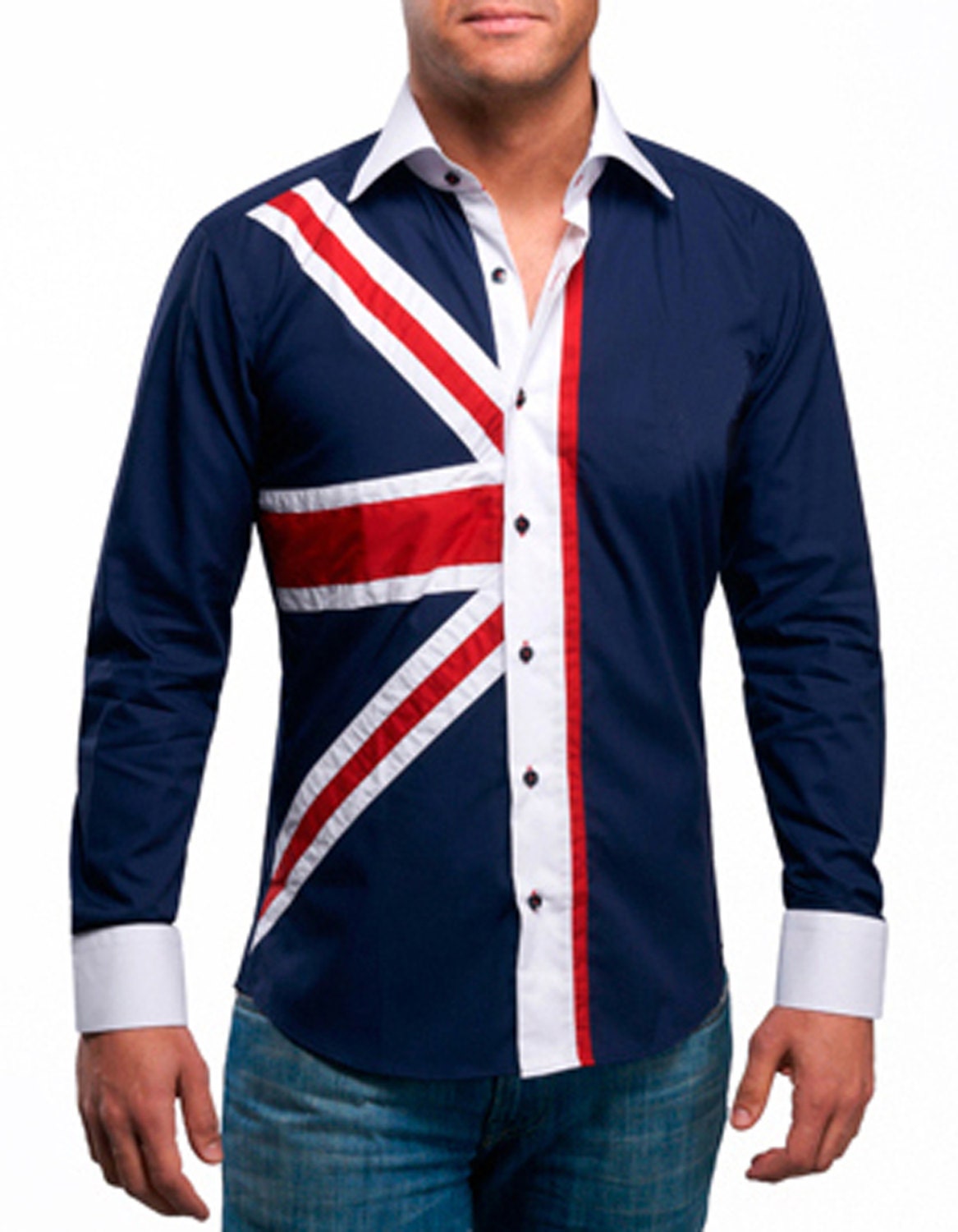 Men's Union Jack Formal Shirt Men Italian Shirt Designer Great Quality Regular Fit Navy 10036