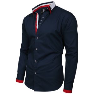 Men's Triple Collar Formal Shirt Men Italian Shirt Designer Great Quality Slim Fit Navy 10160