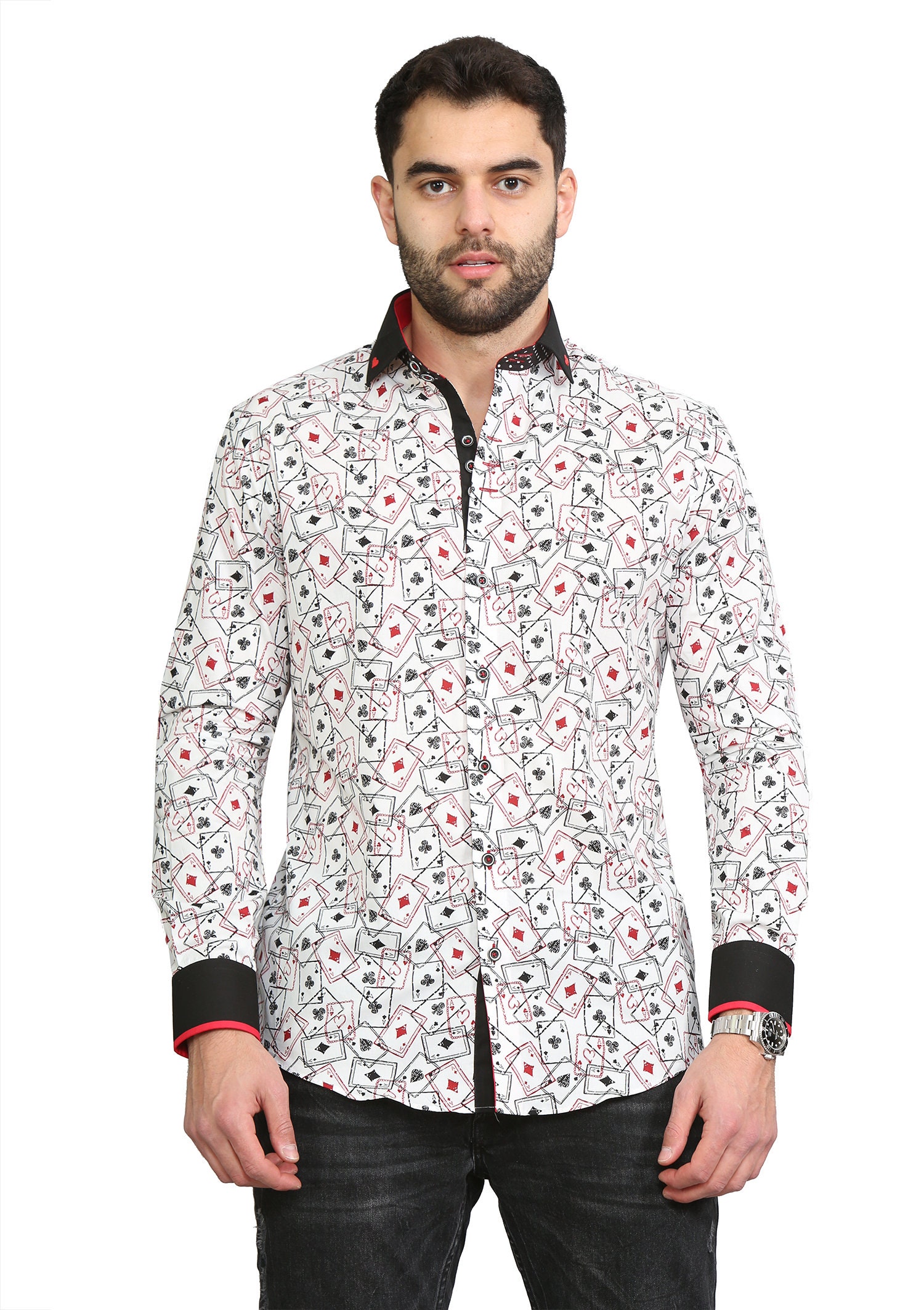Men's Playing Cards Printed Shirt Designer Great Quality Slim Fit White