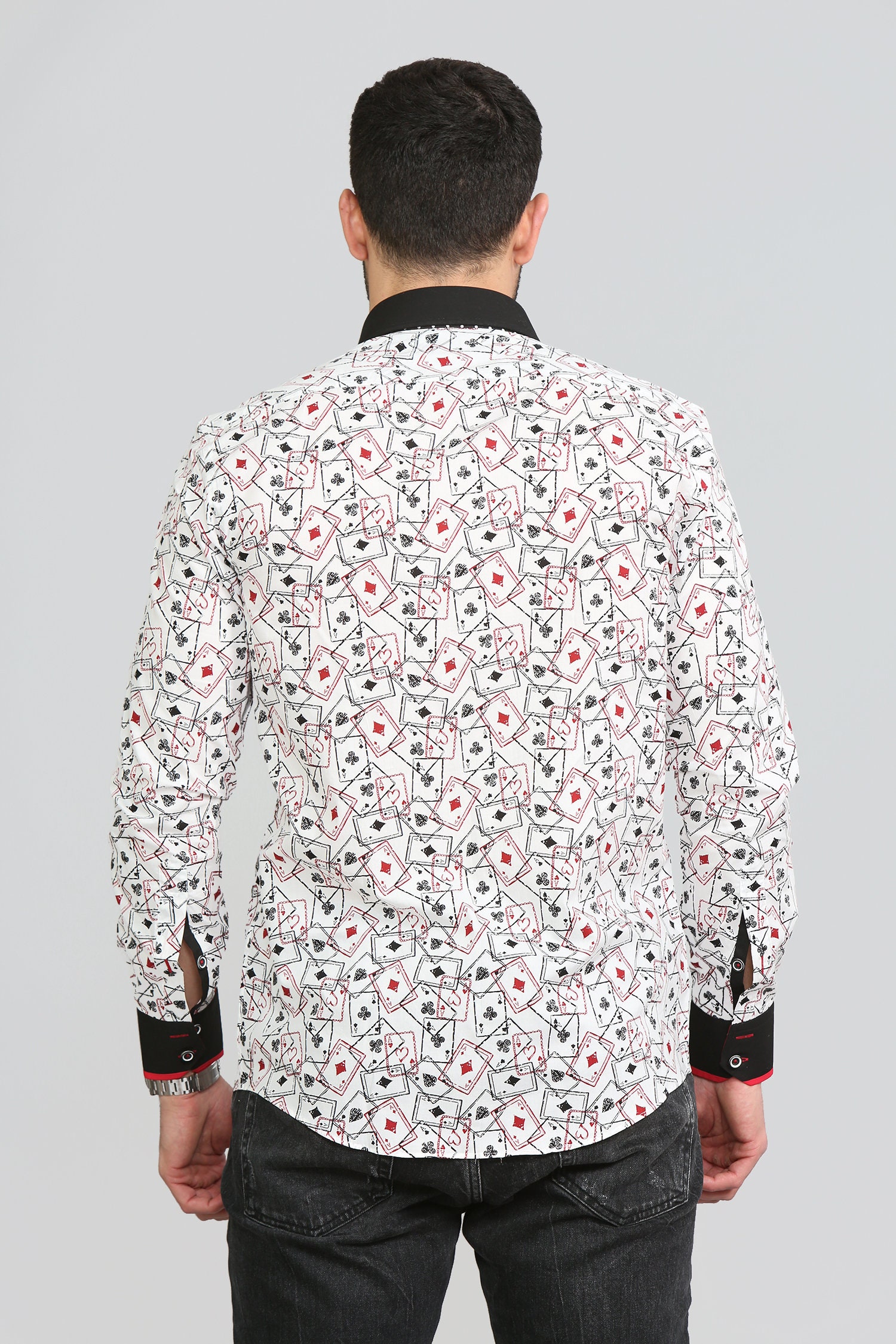 Men's Playing Cards Printed Shirt Designer Great Quality Slim Fit White
