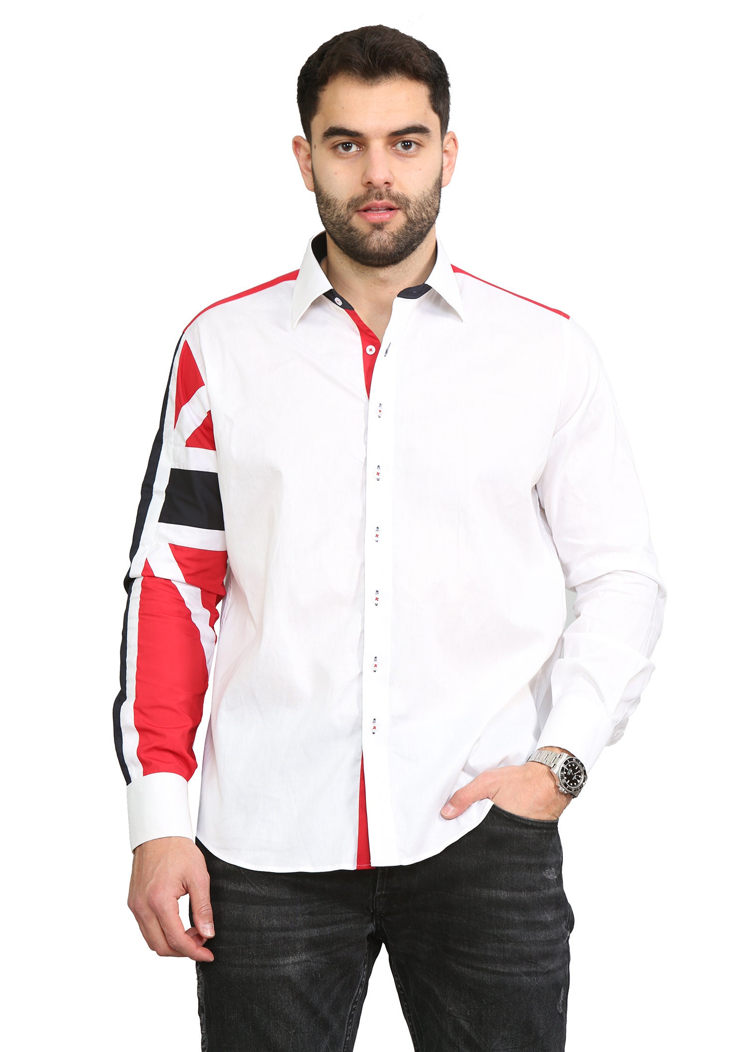 Men's Union Jack Formal Shirt Men Italian Shirt Designer Great Quality Regular Fit White 10147