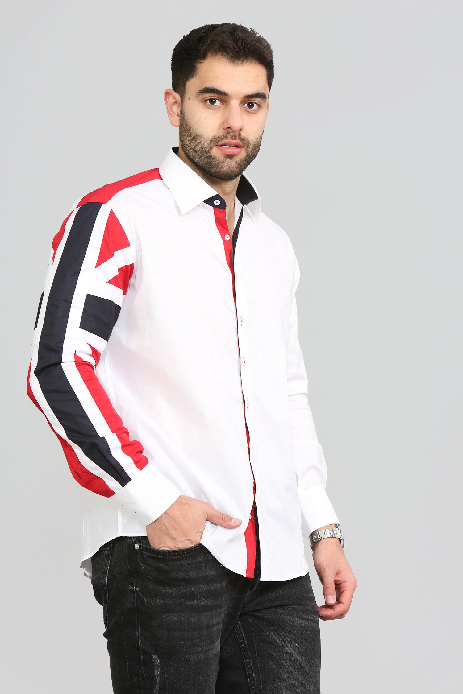 Men's Union Jack Formal Shirt Men Italian Shirt Designer Great Quality Regular Fit White 10147