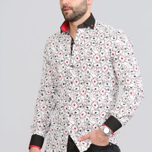 Men's Playing Cards Printed Shirt Designer Great Quality Slim Fit White