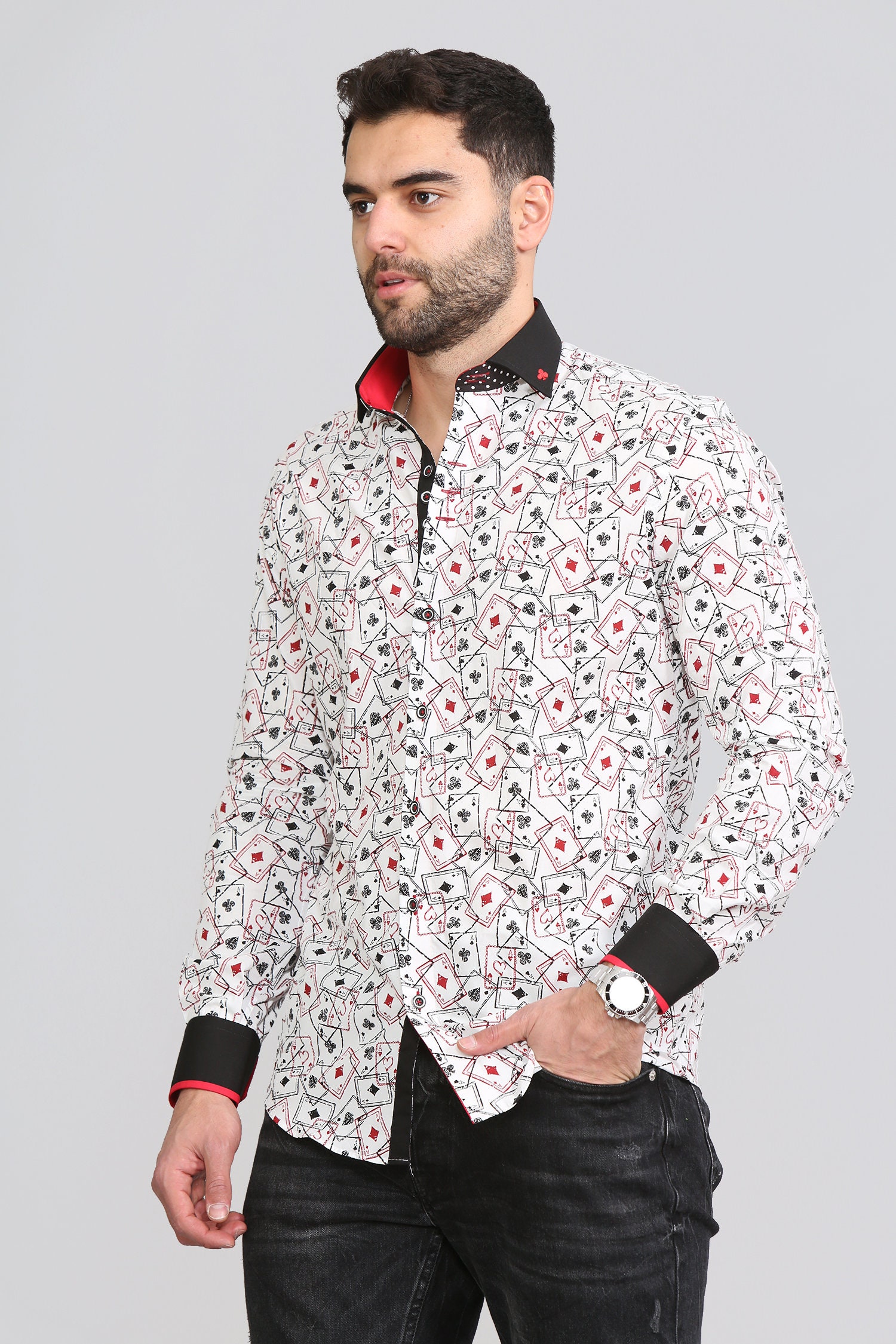 Men's Playing Cards Printed Shirt Designer Great Quality Slim Fit White