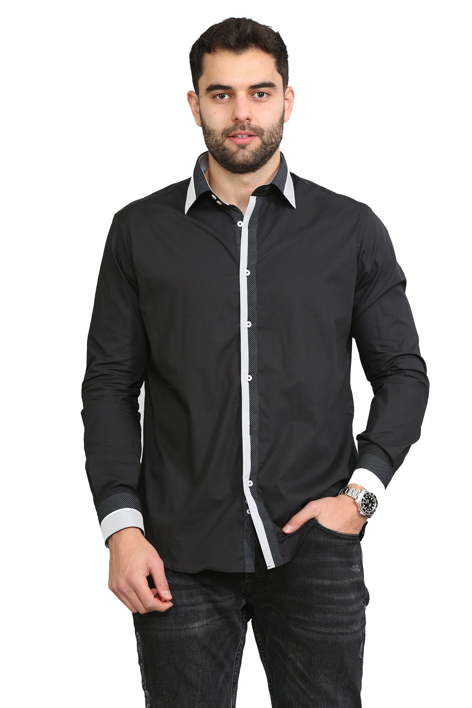 Men's Formal Shirt Men Regular Fit Shirt Designer Great Quality Black Polka Dot Uk10033