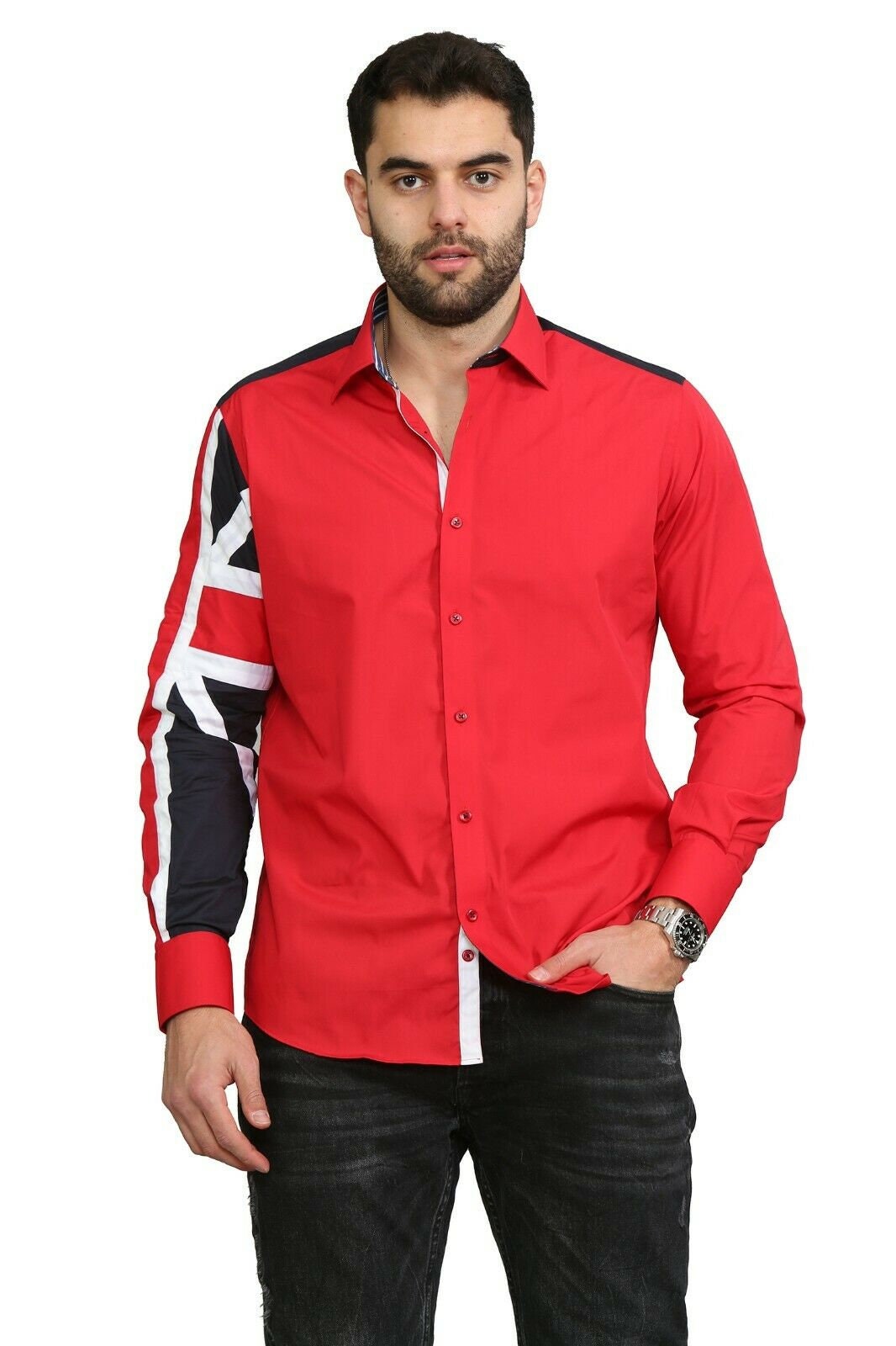 Men's Union Jack Formal Shirt Men Italian Shirt Designer Great Quality Slim Fit Red 10040