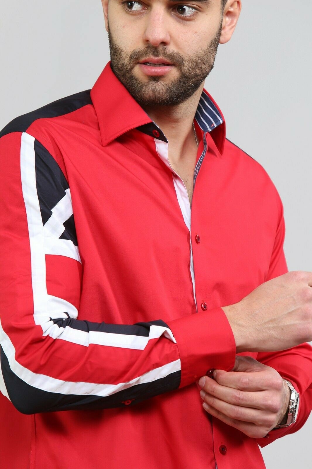 Men's Union Jack Formal Shirt Men Italian Shirt Designer Great Quality Slim Fit Red 10040