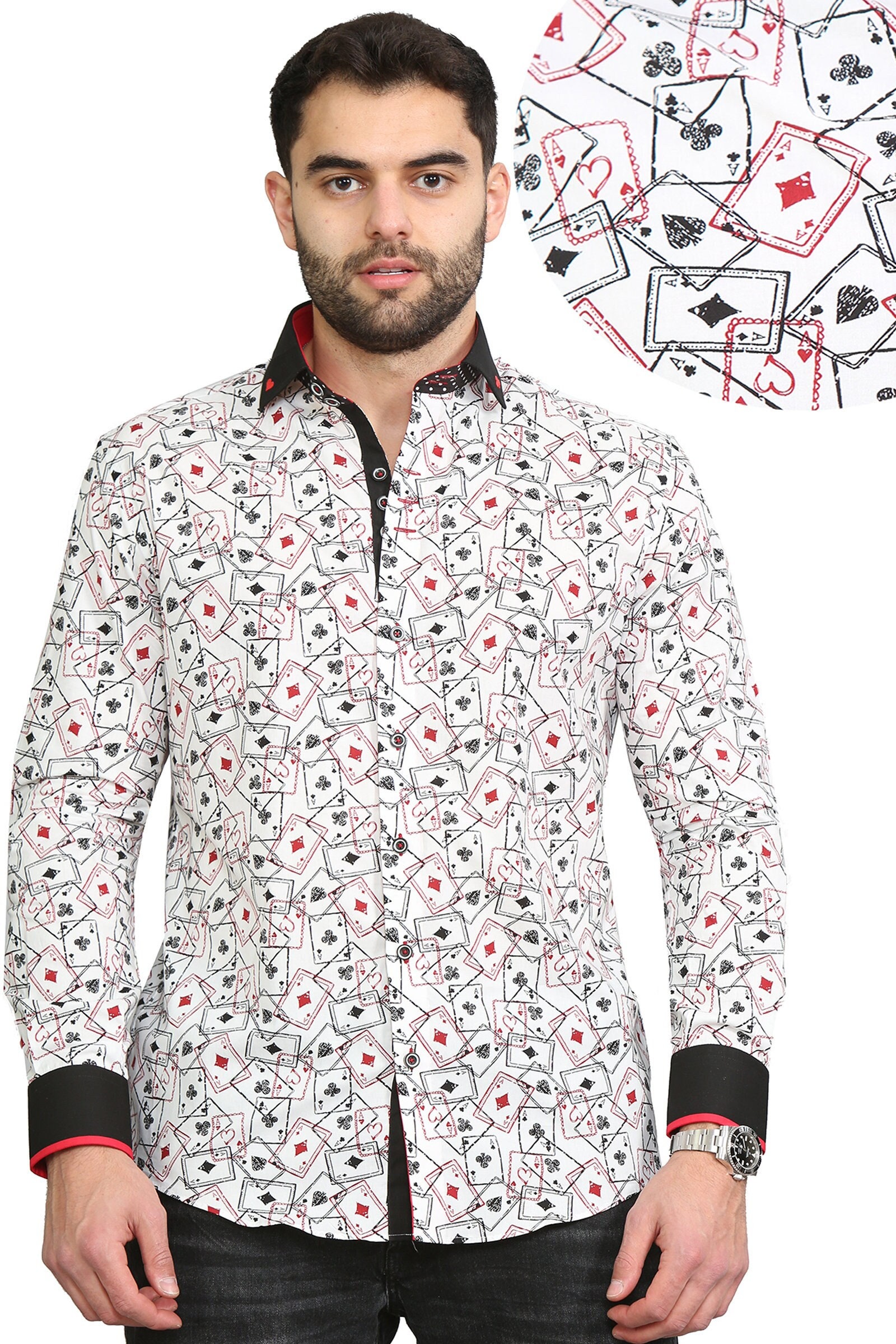 Men's Playing Cards Printed Shirt Designer Great Quality Slim Fit White