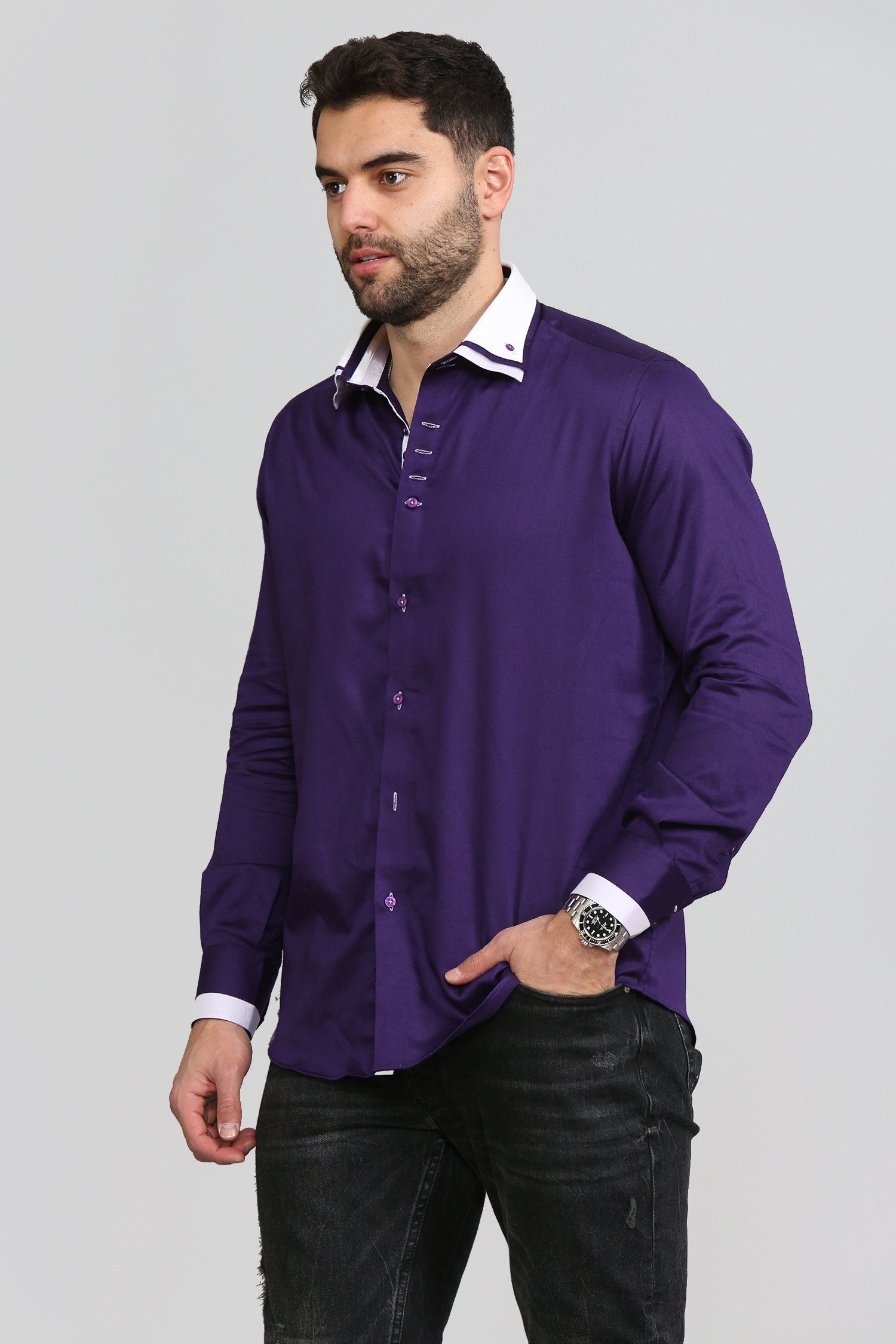 Men's Triple Collar Formal Shirt Men Italian Shirt Designer Great Quality Regular Fit Purple 10174r