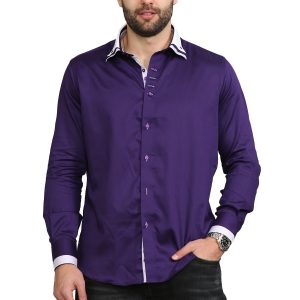 Men's Triple Collar Formal Shirt Men Italian Shirt Designer Great Quality Regular Fit Purple 10174r