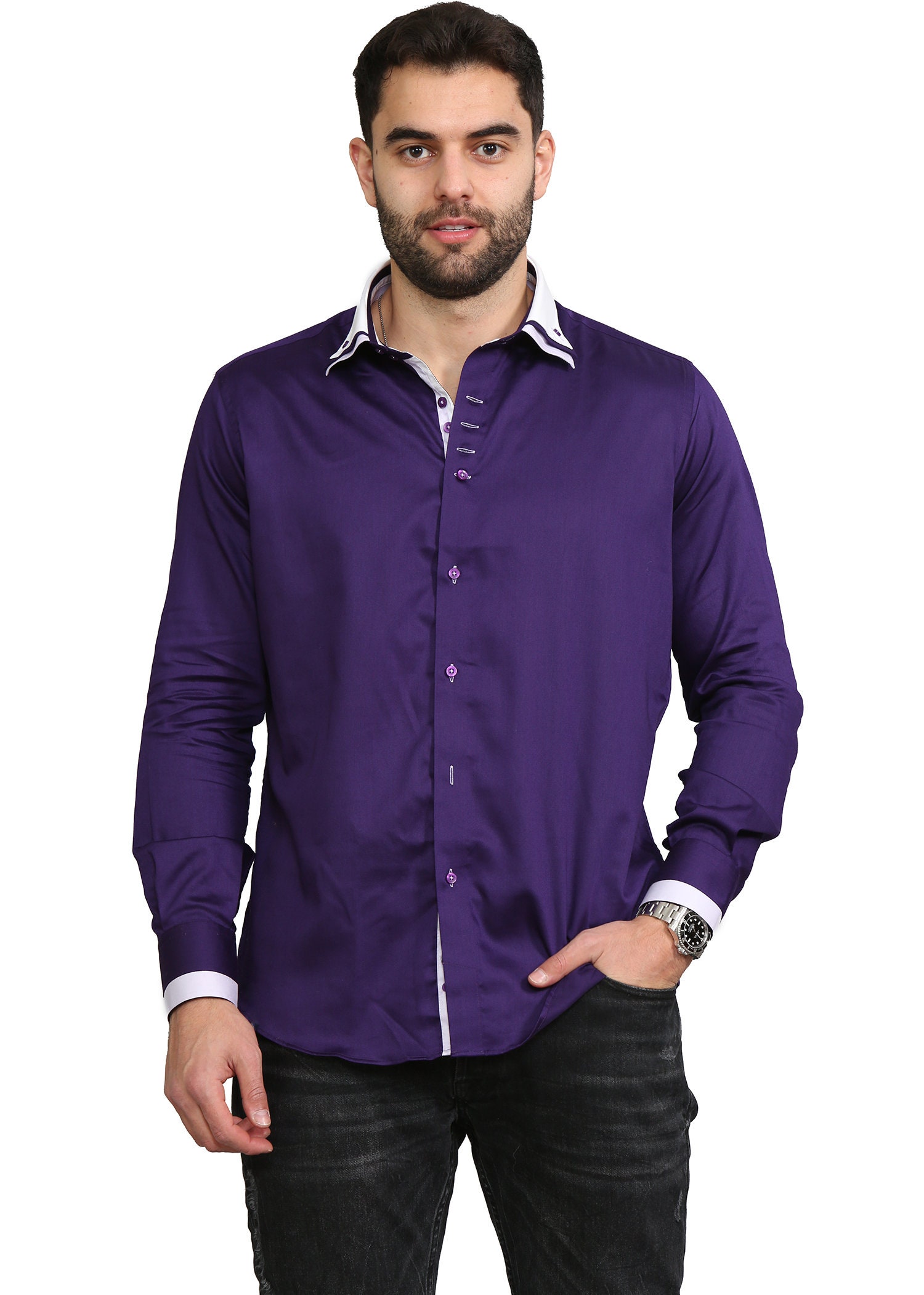 Men's Triple Collar Formal Shirt Men Italian Shirt Designer Great Quality Regular Fit Purple 10174r