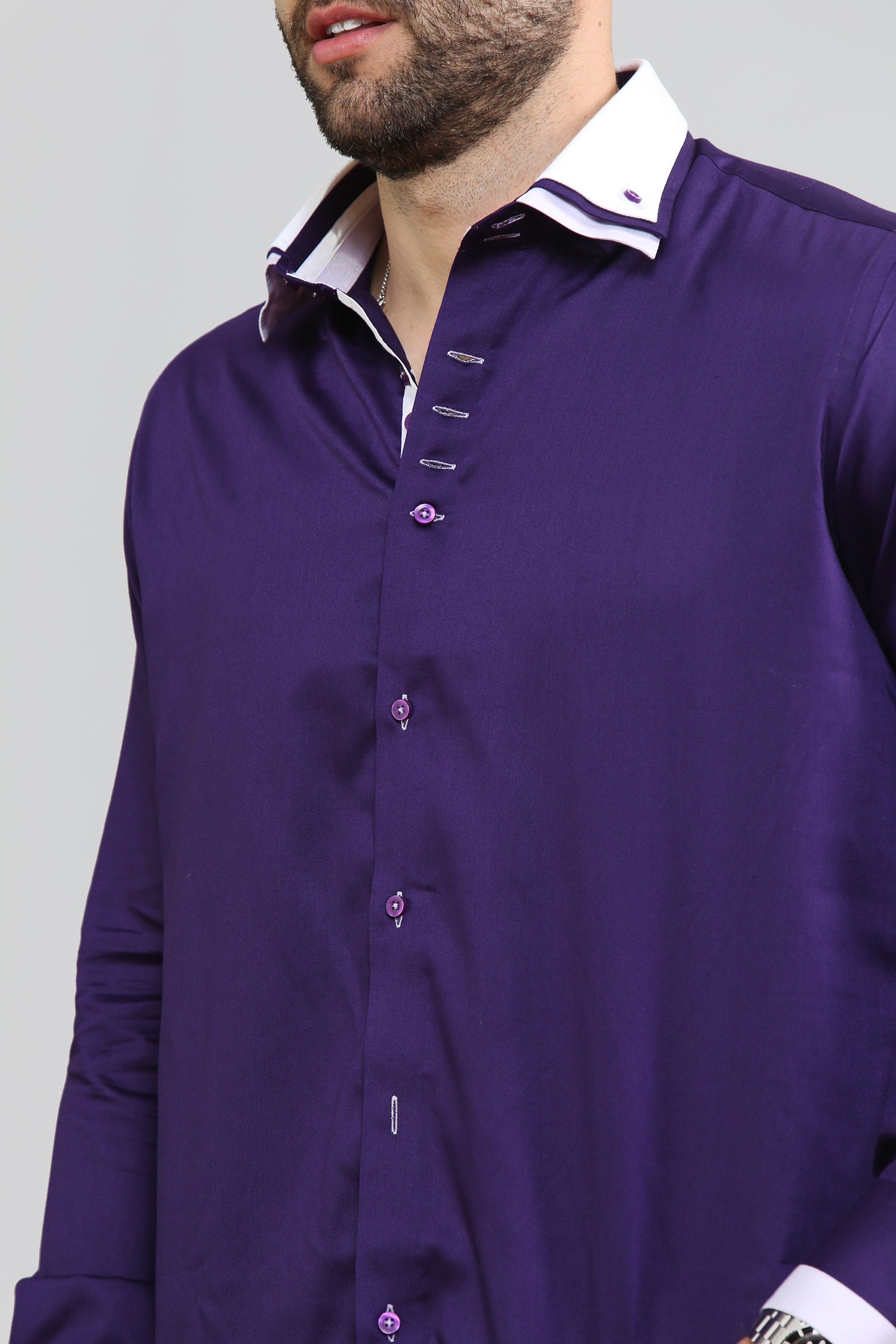 Men's Triple Collar Formal Shirt Men Italian Shirt Designer Great Quality Regular Fit Purple 10174r