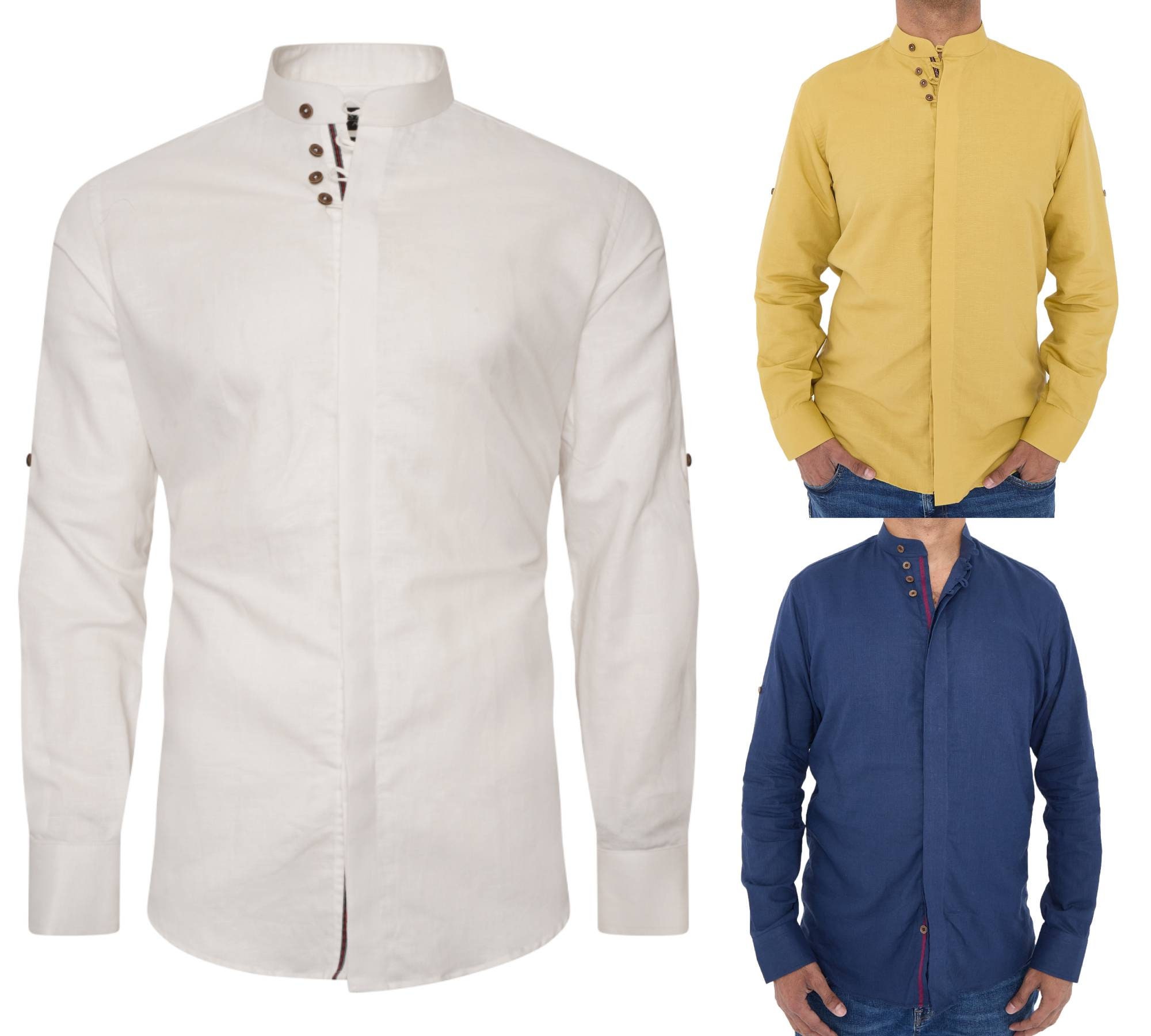 Men's Linen Blend Shirt Designer Great Quality Slim Fit White Brown