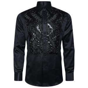 Men's Formal Shirt Men Designer Great Quality Slim Fit Sequin Party Wedding Night Ceremony Black