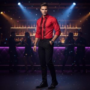 Men's Formal Shirt Red Men Designer Great Quality Slim Fit Sequin Party Wedding Night Ceremony