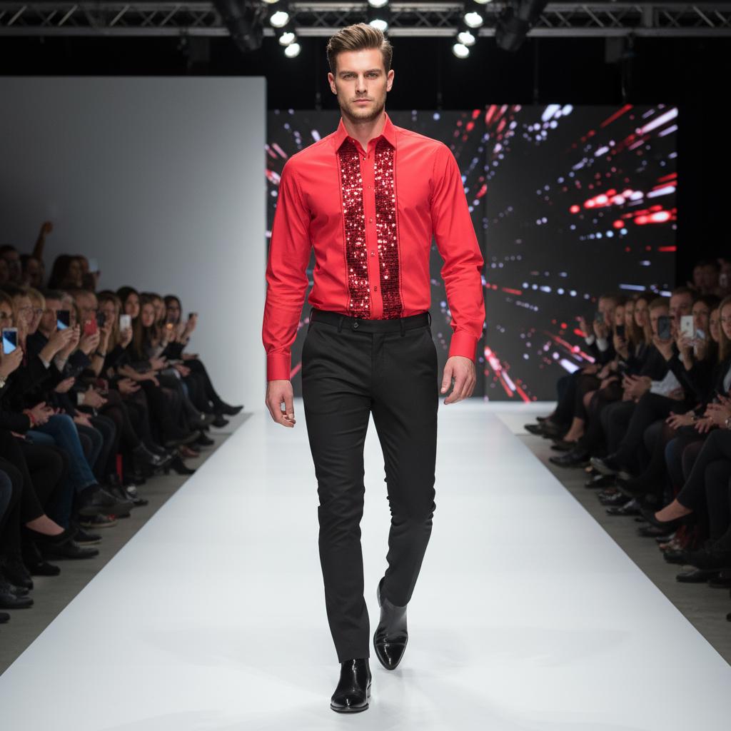 Men's Formal Shirt Men Designer Great Quality Regular Fit Sequin Party Wedding Night Ceremony Red