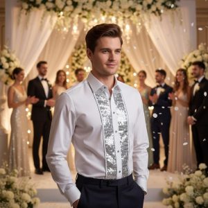 Men's Formal Shirt Men Designer Great Quality Regular Fit Sequin Party Wedding Night Ceremony White