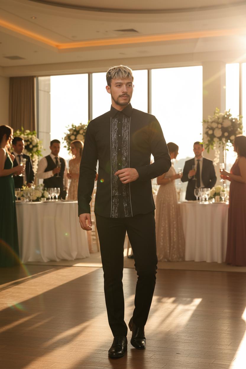 Men's Formal Shirt Black Men Designer Great Quality Slim Fit Sequin Party Wedding Night Ceremony
