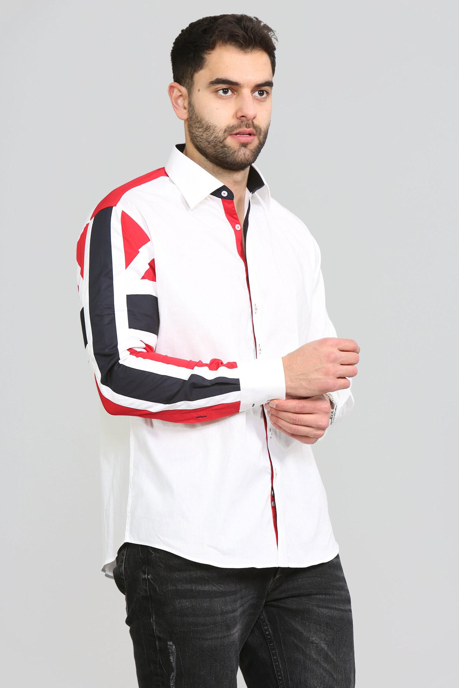Men's Union Jack Formal Shirt Men Italian Shirt Designer Great Quality Slim Fit White 10147