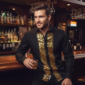 Men's Formal Shirt Black Men Designer Great Quality Slim Fit Sequin Party Wedding Night Ceremony