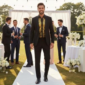 Men's Formal Shirt Men Designer Great Quality Regular Fit Sequin Party Wedding Night Ceremony Black