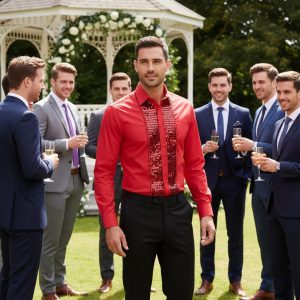 Men's Formal Shirt Red Men Designer Great Quality Slim Fit Sequin Party Wedding Night Ceremony