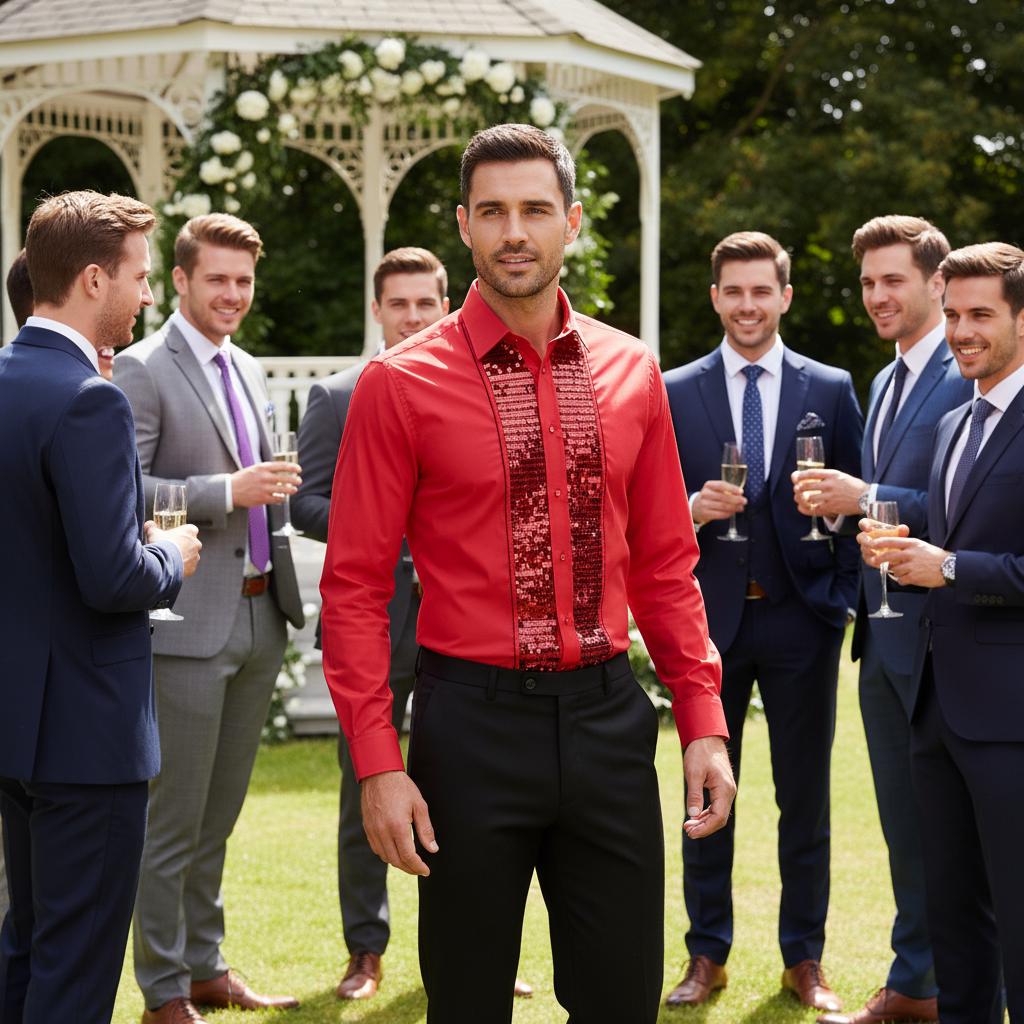 Men's Formal Shirt Men Designer Great Quality Regular Fit Sequin Party Wedding Night Ceremony Red