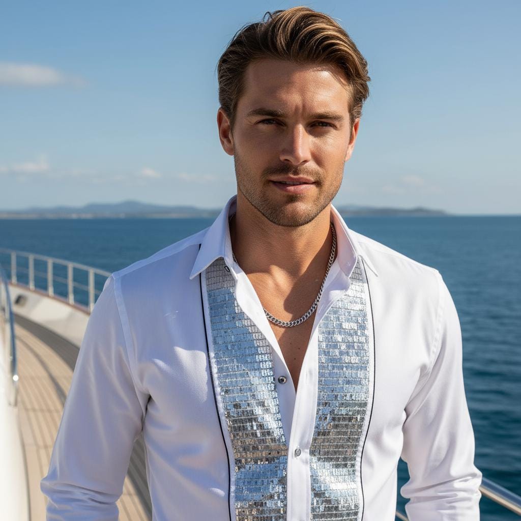 Men's Formal Shirt Men Designer Great Quality Regular Fit Sequin Party Wedding Night Ceremony White