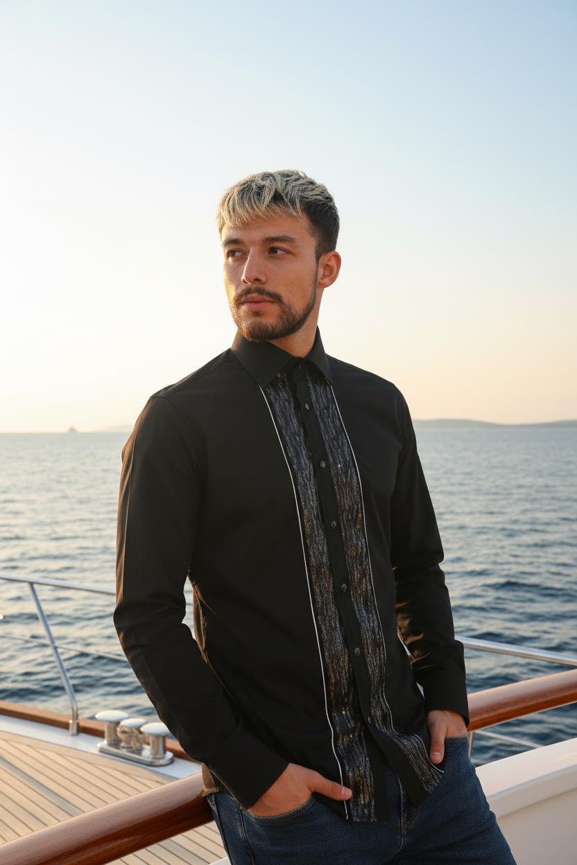 Men's Formal Shirt Black Men Designer Great Quality Slim Fit Sequin Party Wedding Night Ceremony