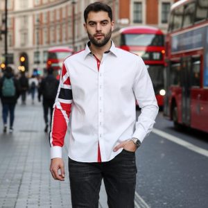 Men's Union Jack Formal Shirt Men Italian Shirt Designer Great Quality Regular Fit White 10147