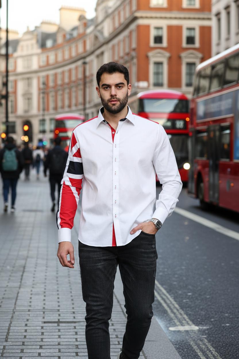 Men's Union Jack Formal Shirt Men Italian Shirt Designer Great Quality Slim Fit White 10147