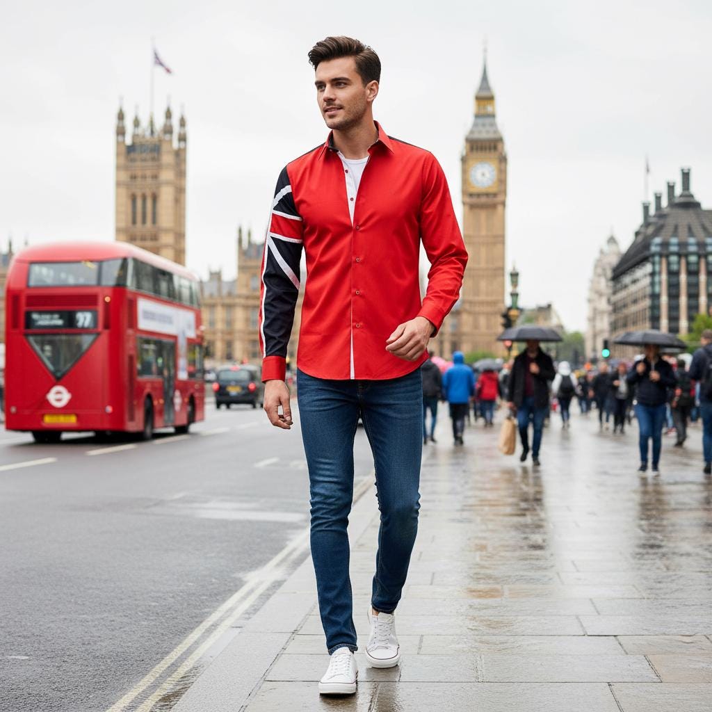 Men's Union Jack Formal Shirt Men Italian Shirt Designer Great Quality Regular Fit Red 10040